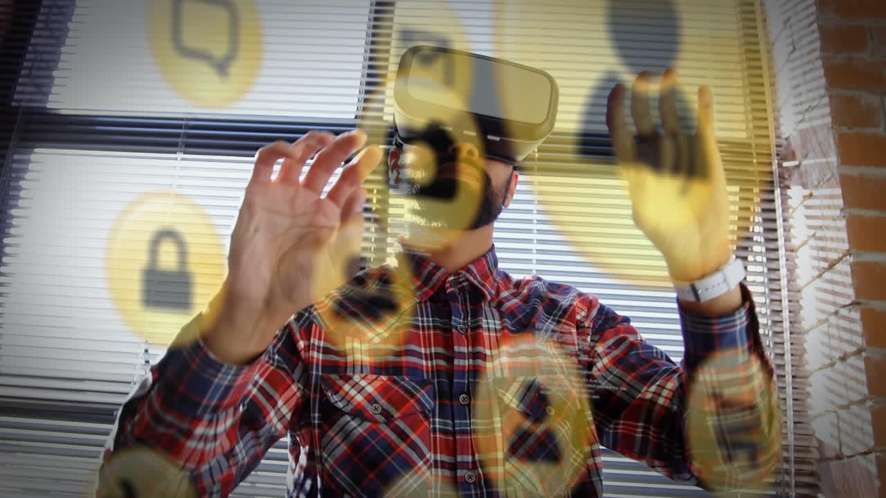 animación de iconos de las redes sociales sobre un hombre biracial que usa auriculares vr
