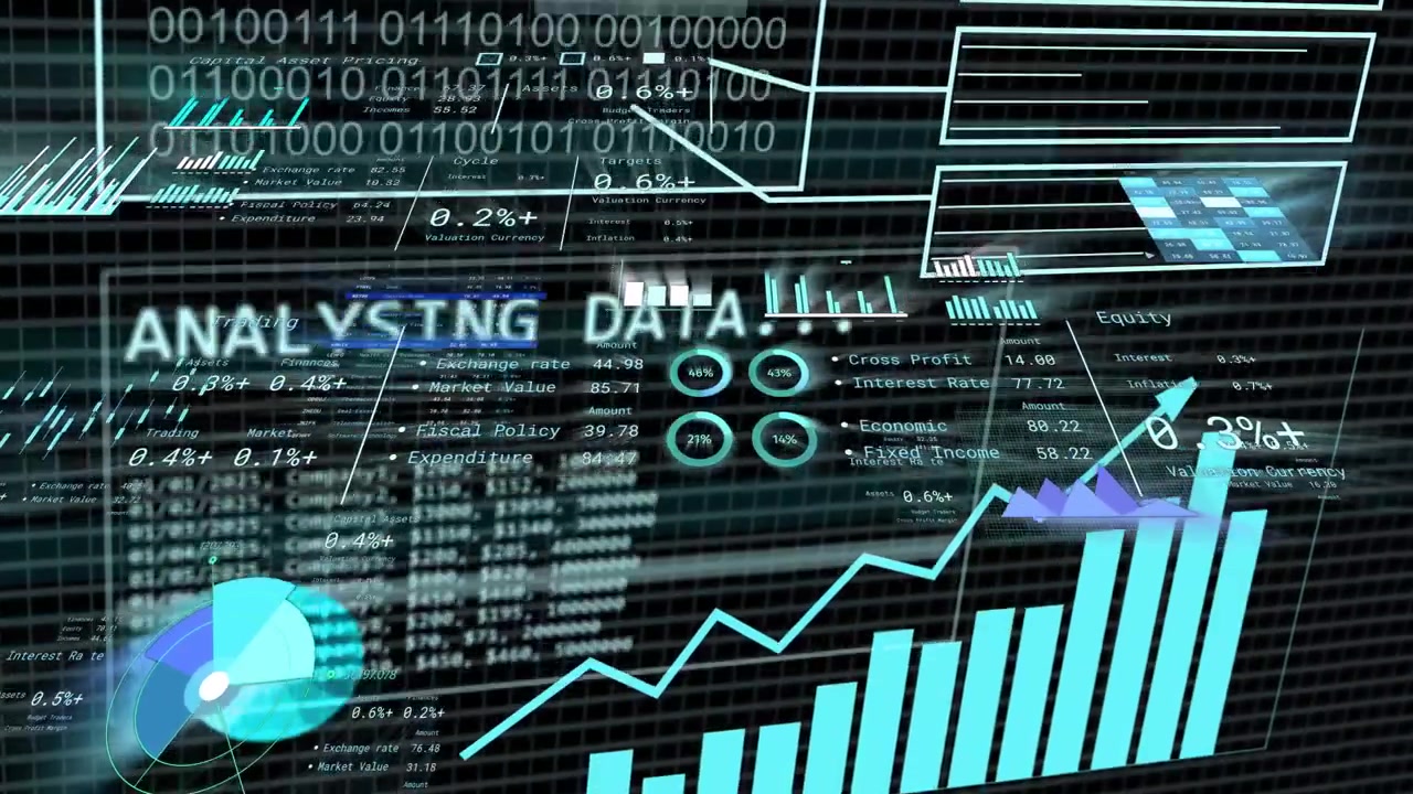 Når et binært overlegg dukker opp, animerer et 3D-datadashbord diagrammer, voksende søyler og presenterer data