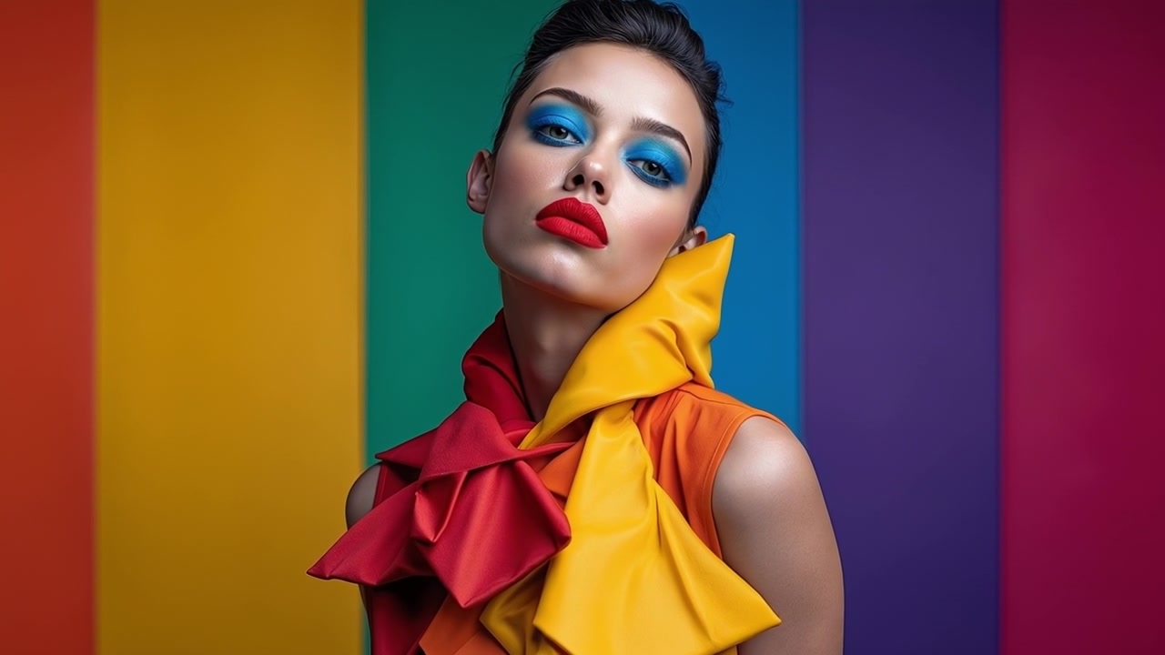 Donna alla moda con un trucco vivace e abiti colorati in posa davanti a uno sfondo a strisce arcobaleno