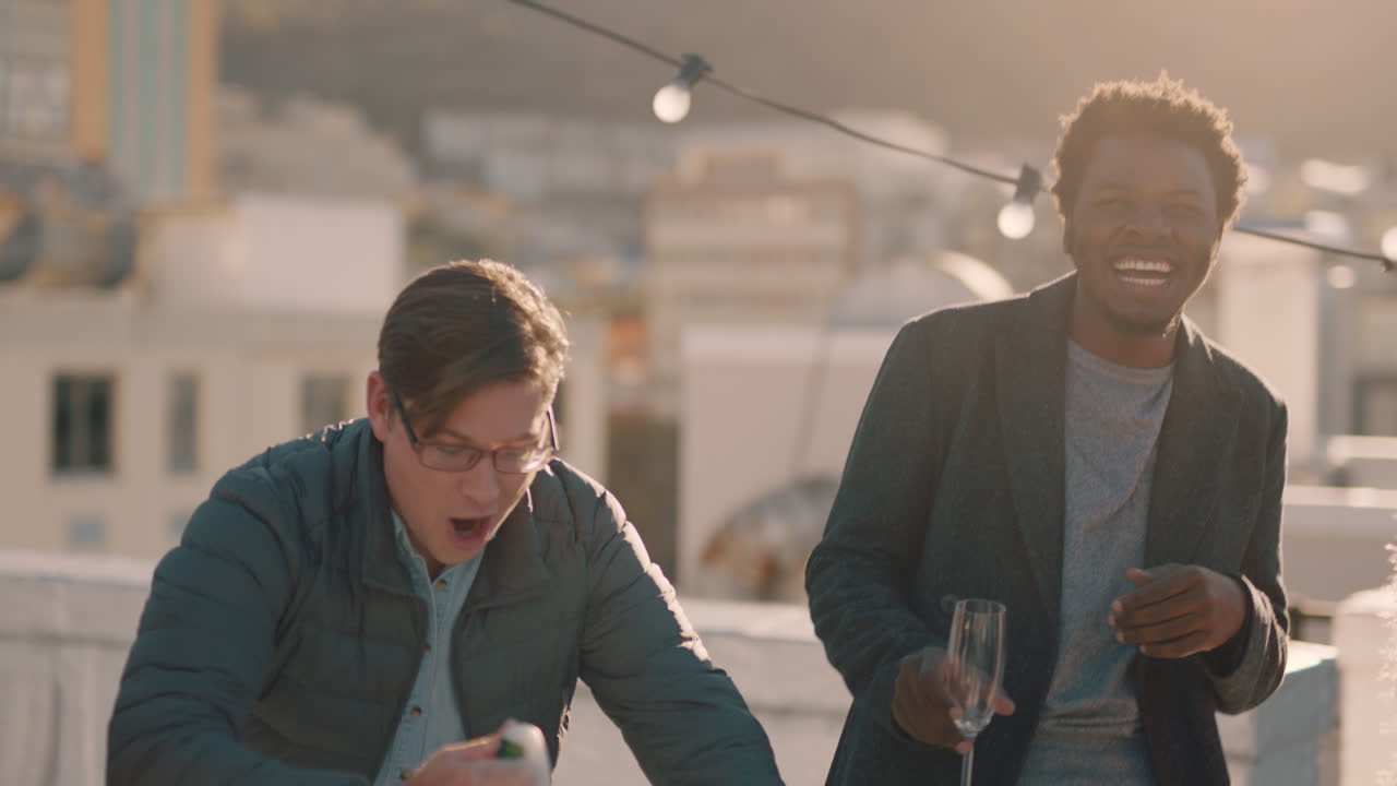 옥상 파티를 축하하는 행복한 친구들, 젊은 남자가 샴페인을 터뜨리며 일몰 때 술을 마시는 동창회 축하를 즐기고 있습니다.