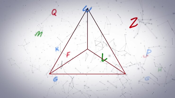 Animation of triangle and letters, over network of communications, on white