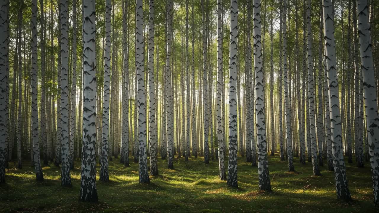 En fredfull bjørkeskog med frodig grønt og sollys som filtreres gjennom trærne, og skaper en fredelig atmosfære i naturens favn.
