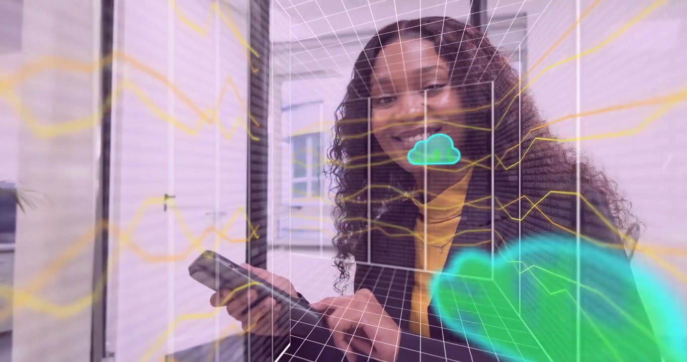 Woman tapping smartphone and initiating technology demo with 3D grid overlay and cloud streams
