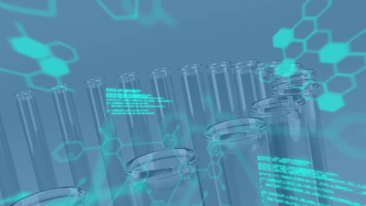Animation of medical data processing and chemical compound structures against laboratory test tubes