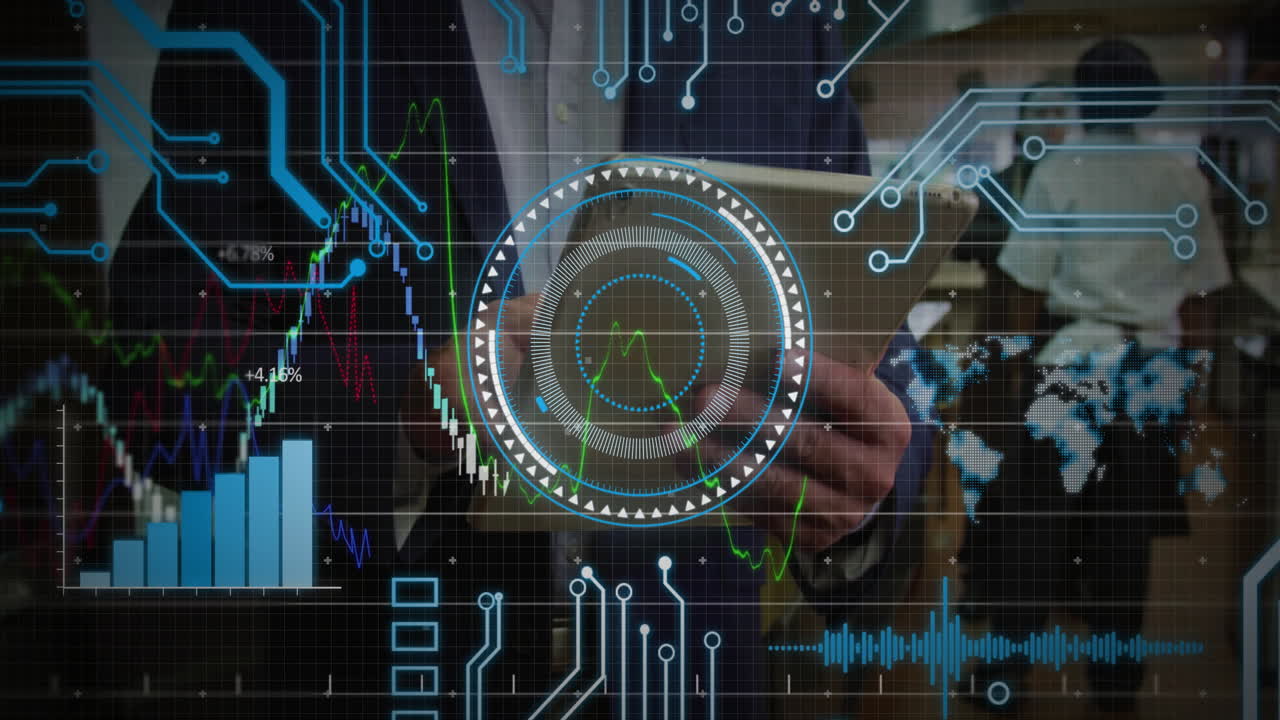 Man with tablet and woman analyzing business data in office with hologram charts and world map