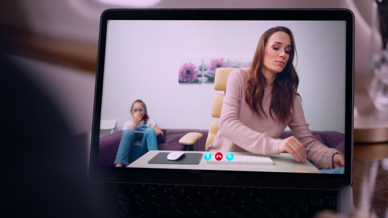 Busy freelancer video calling partner on laptop screen close up. Online meeting