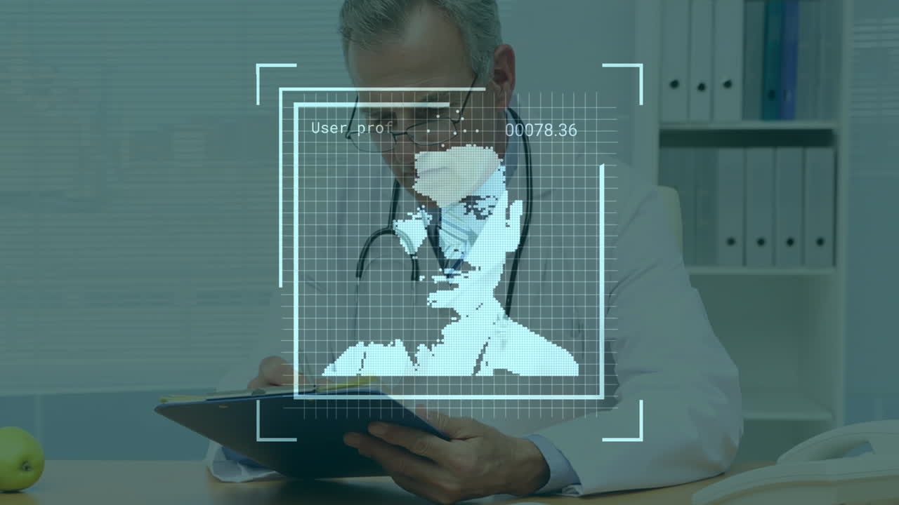 animación de iconos de perfil cambiantes sobre un médico caucásico que escribe en el portapapeles en el hospital