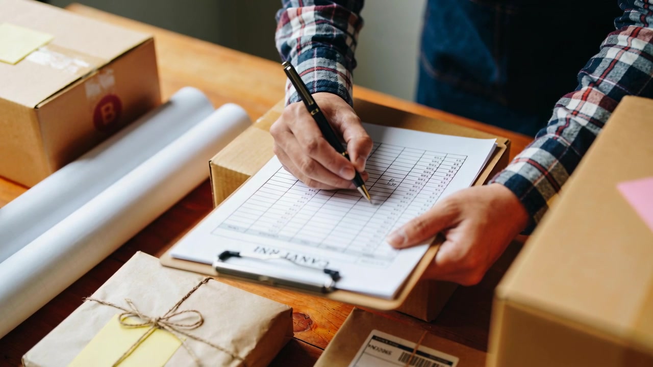 Placing clipboard, packer writing checklist for shipping at station, steadying box with pen, apron