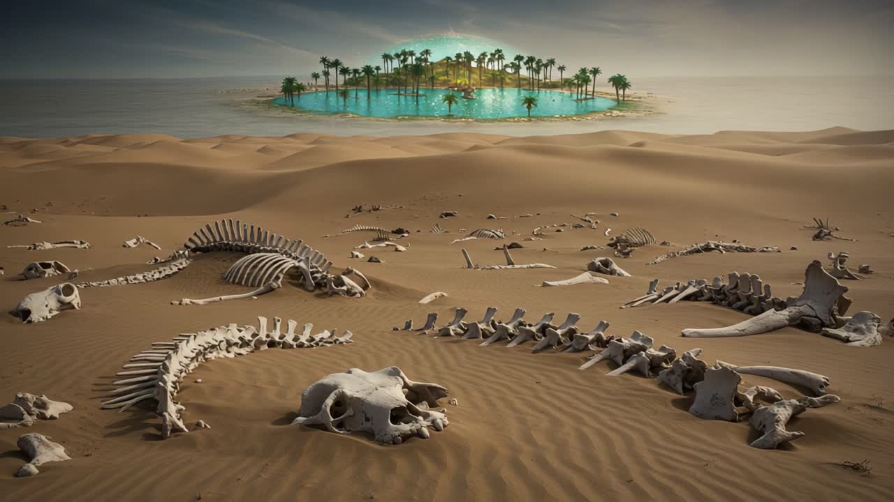 A Surreal Desert Landscape Featuring Whale Skeletons on the Sand with a Lush Island Oasis in the Background Under a Mysterious Sky