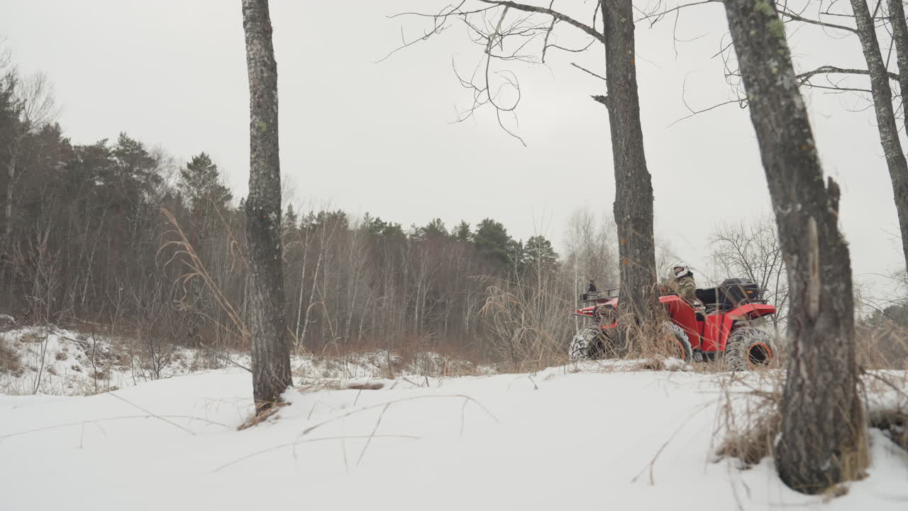 ATV rosso che scala un argine innevato, primo piano della macchina con attenzione al battistrada robusto e alle catene, pilota che controlla l'acceleratore, movimento intenso attraverso un campo fiancheggiato da betulle, cielo coperto, potenza bruta, trazione enfatizzata, adrenalina