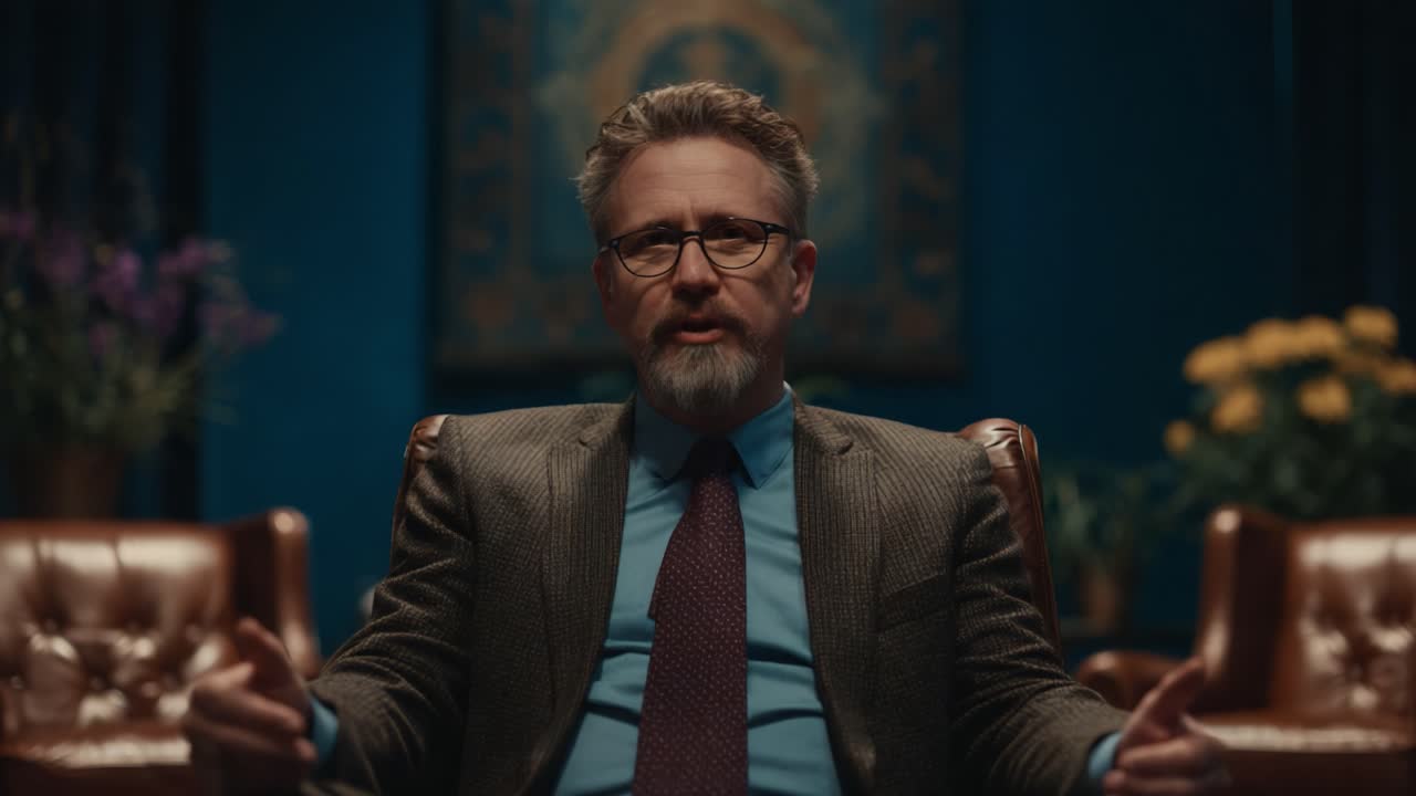 A Focused Moment of Reflection: A Professional Seated Against a Serene Background, Balanced in Thought and Presentation, Conveying Calmness and Authority