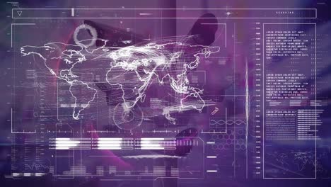 animation of digital screen with diverse data and graphs over security cameras