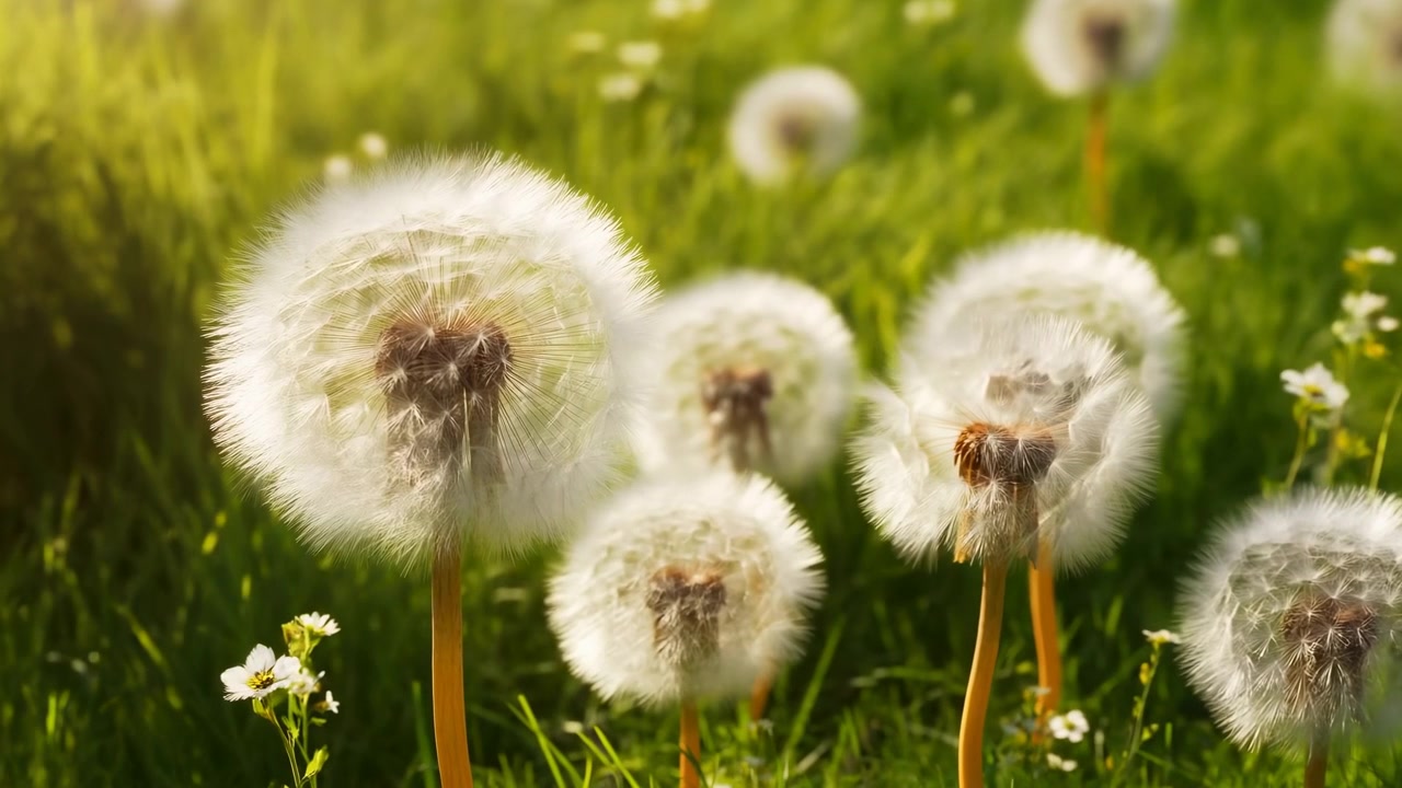 Closeup Dandelion Seedheads In Meadow Soft Sunlight, Fluffy White Parachute Seeds, Green Grass, Tiny
