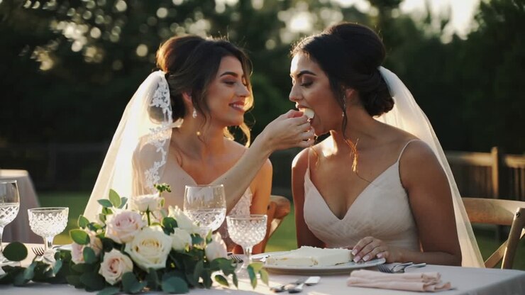 Smiling left bride feeding cake to right bride at reception, during wedding in gowns and veils