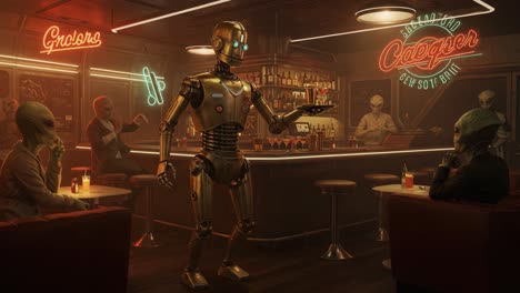 a futuristic bar scene with a charming robot engaging with alien patrons amidst neon lights and a stylish bar counter, capturing a unique blend of sci-fi and social atmosphere