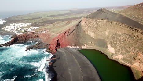 aerial footage of the green lagoon at el golfo, lanzarote