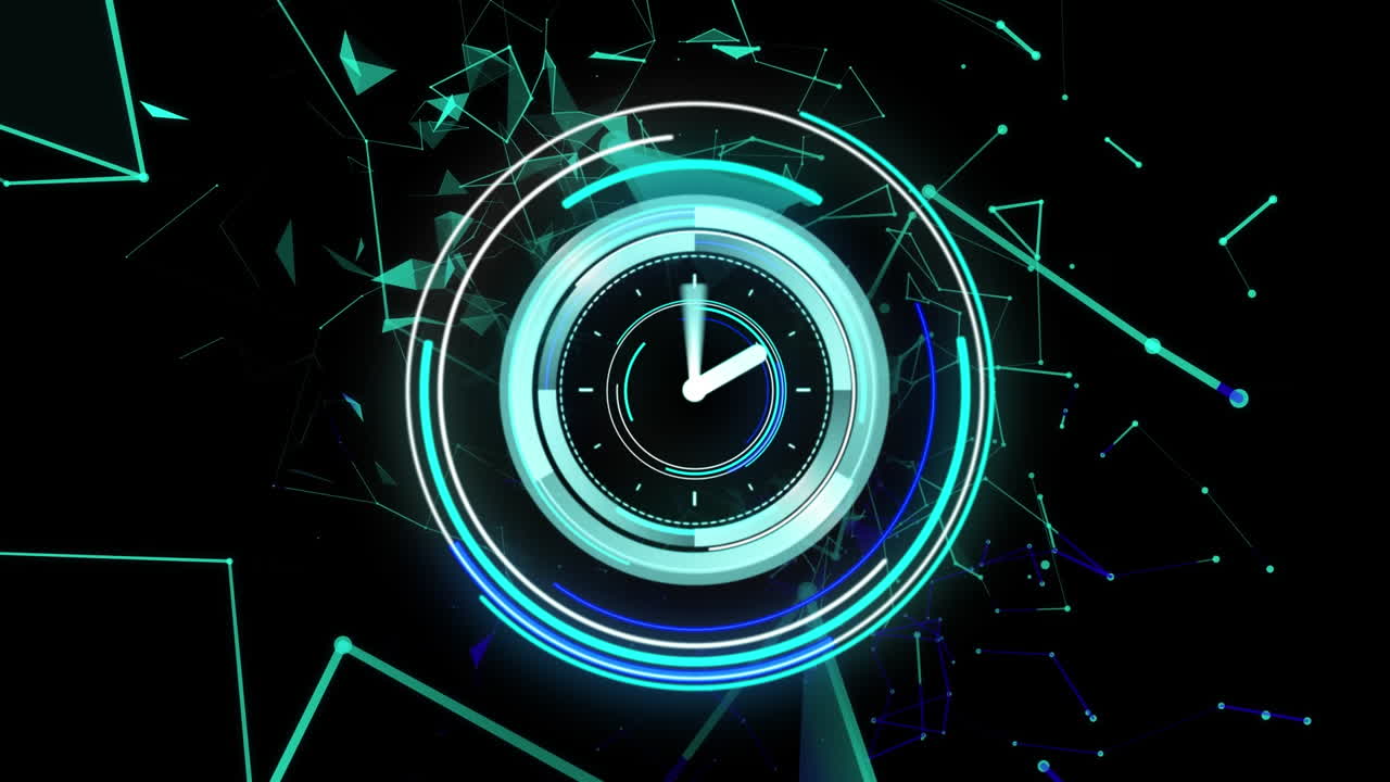 Animation of scope scanning with clock over moving geometrical shapes on black background