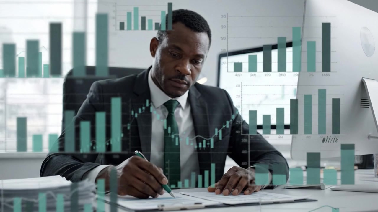 Fokuseret forretningsprofessionel analyserer finansielle data med grafer og diagrammer på computerskærme i et moderne kontormiljø.