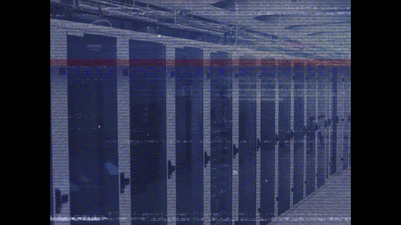 Server racks in data center with animation glitch effect overlaying rows