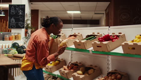 Comprador-Afroamericano-Eligiendo-Productos-Orgánicos-De-Cajas