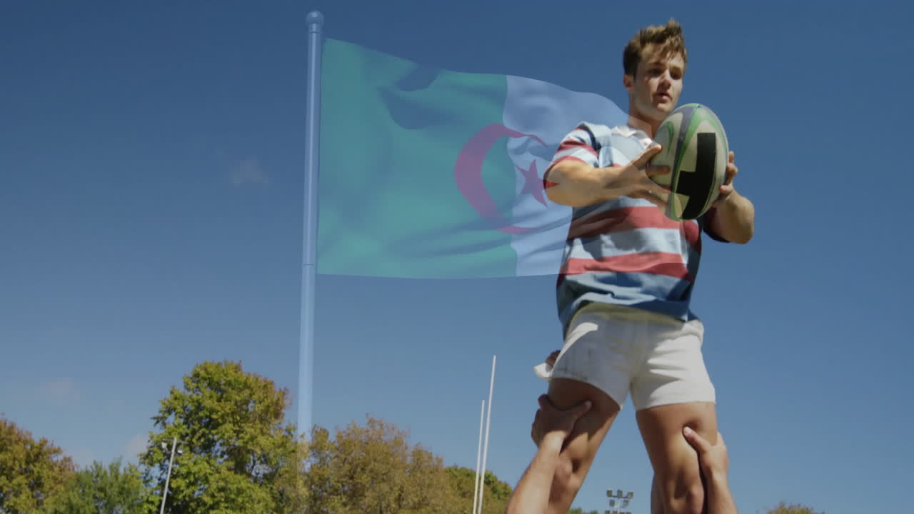 Holding rugby ball, player with Algerian flag waving in background, animation