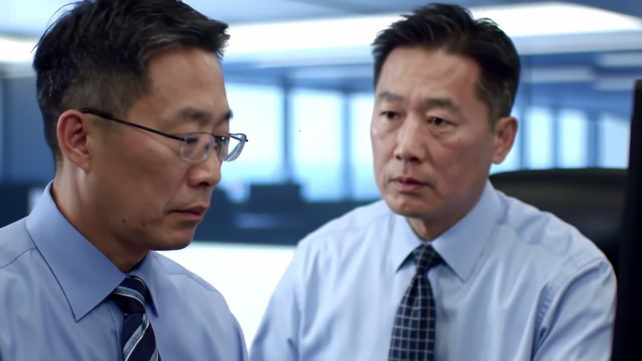 Two Business Professionals Engaged in a Serious Discussion in a Modern Office Setting, Analyzing Data on a Computer Screen with Focused Expressions