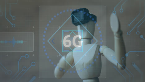 Animación-De-Texto-De-6-G,-Escaneo-De-Alcance-Y-Procesamiento-De-Datos-Sobre-Un-Maniquí-De-Madera-Con-Auriculares-Vr