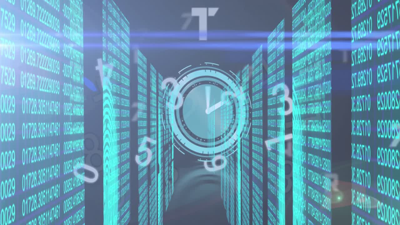 animaciones de reloj y números que caen sobre el procesamiento de datos en un fondo oscuro