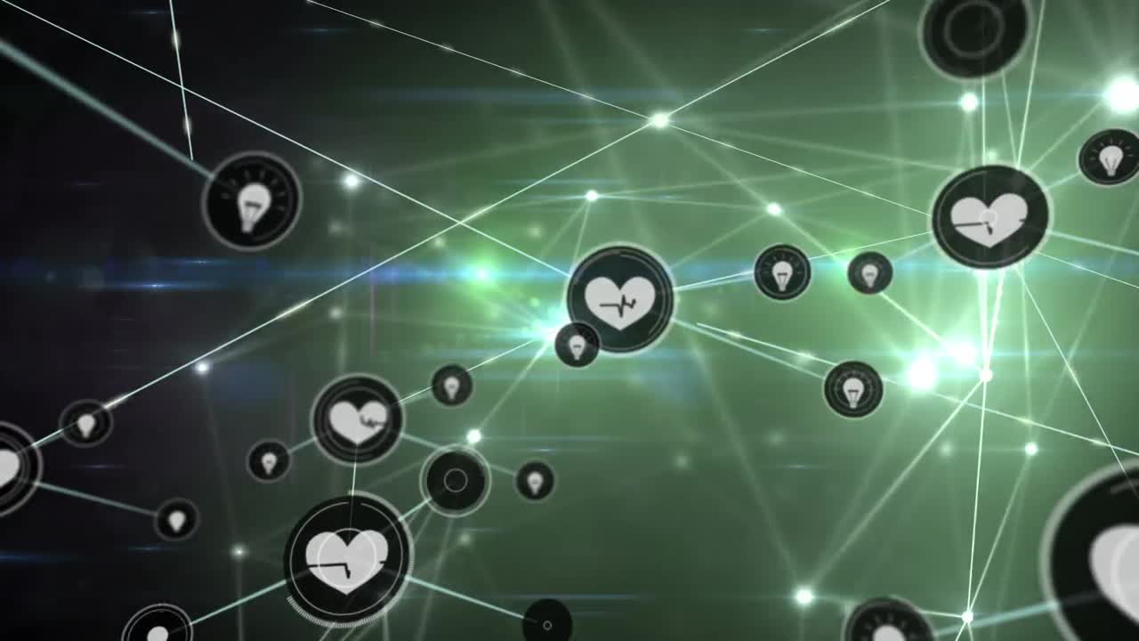 빛나는 반점 위에 아이콘을 가진 연결 네트워크의 애니메이션