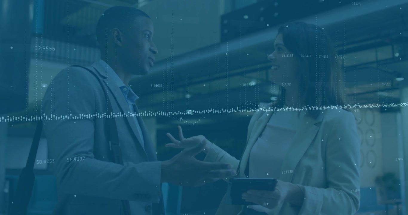 Animation of financial data processing over diverse business people in office