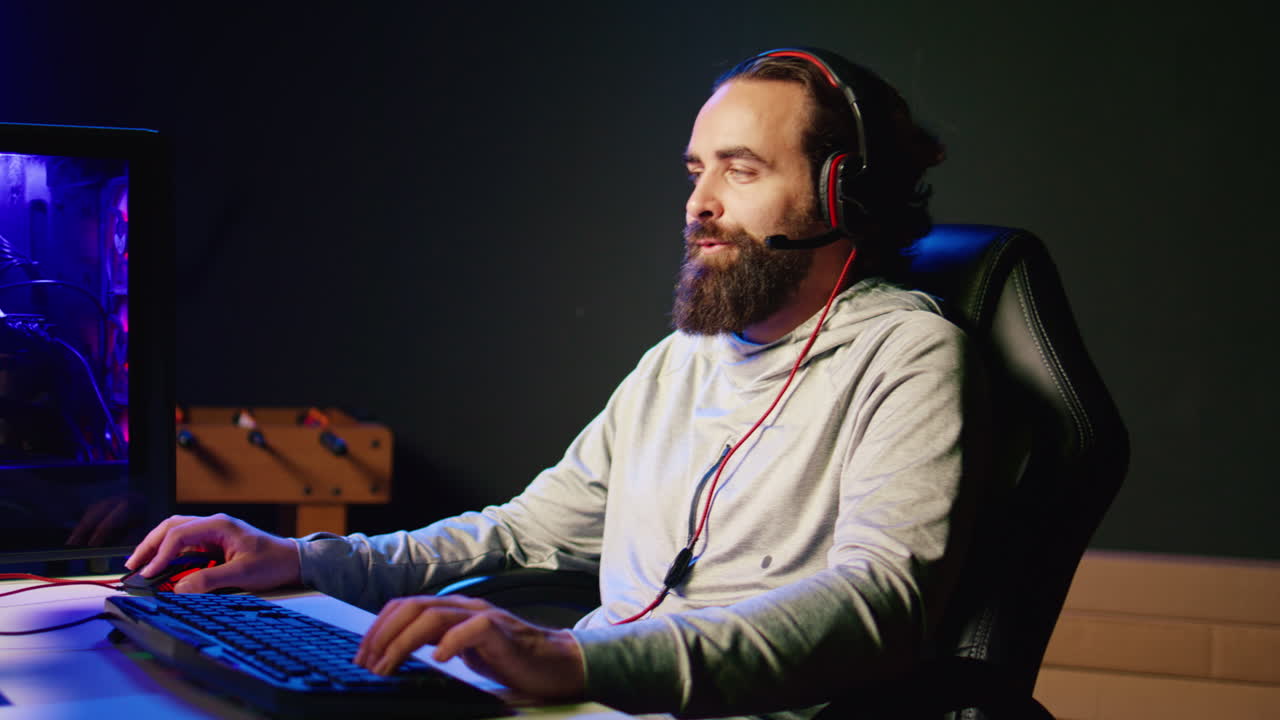 Close up of gamer chatting with teammates in SF game using headphones mic