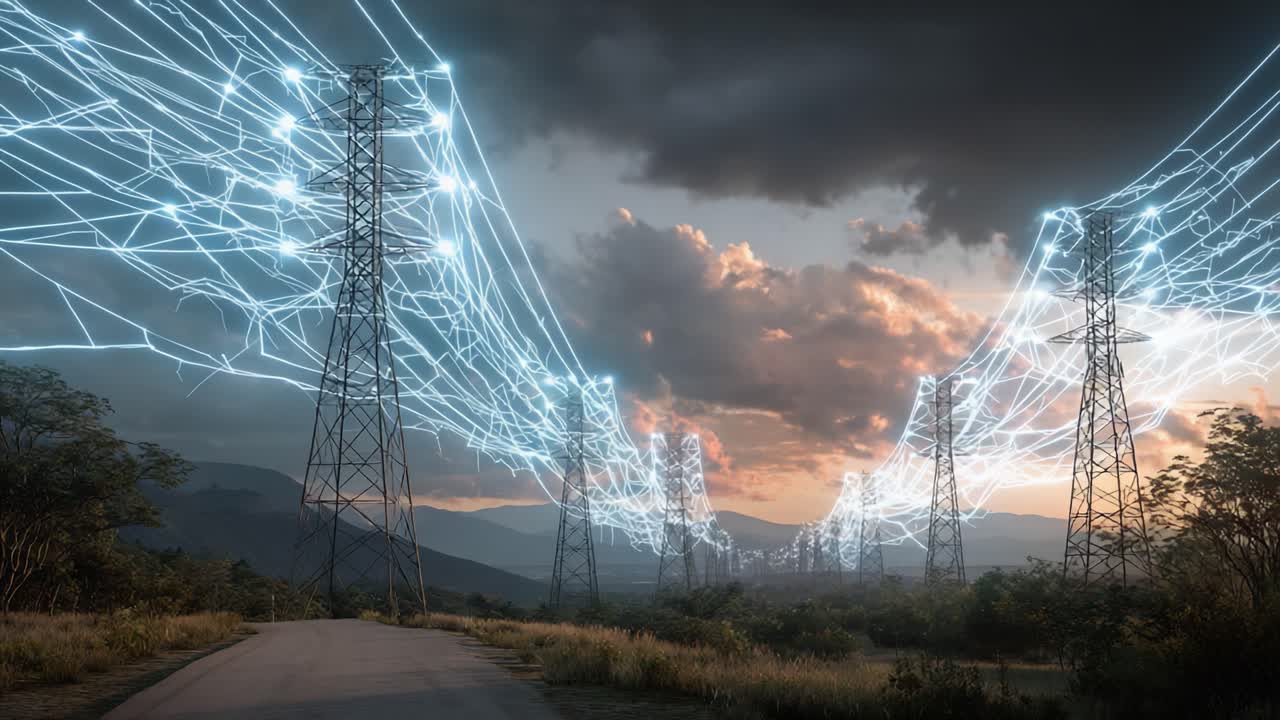 Dynamická cesta elektrickým vedením: zachycení transformace přenosu elektřiny od denního světla do soumraku ve venkovské krajině.