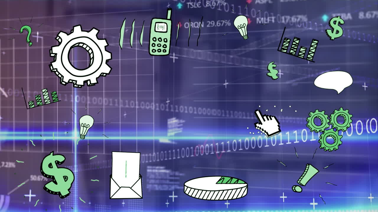 바이너리 코딩, 디지털 아이콘 및 데이터 처리의 애니메이션