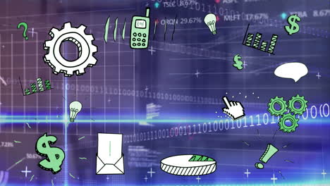 animation of binary coding, digital icons and data processing