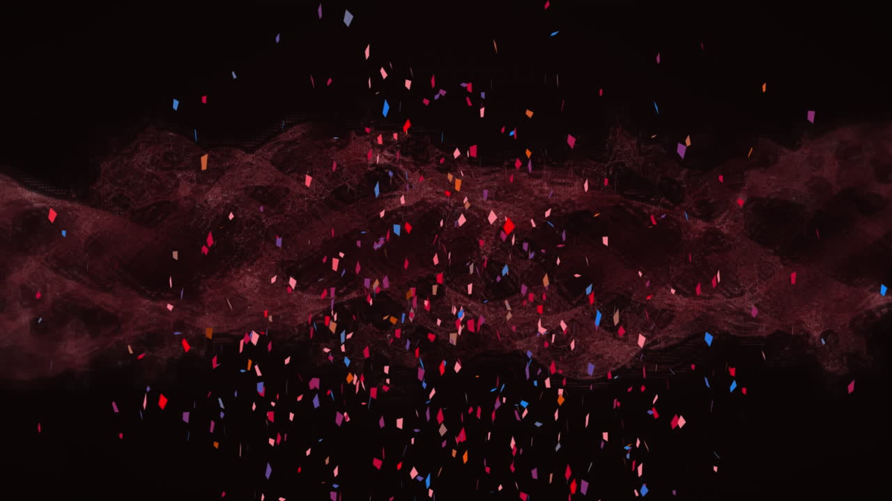검은 바탕에 움직이는  ⁇ 은 구름 위에 떨어지는 다채로운 콘페티의 애니메이션
