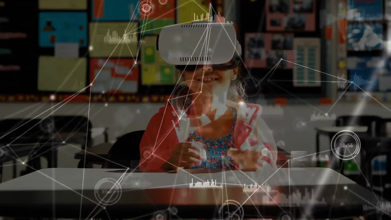 niña pequeña usando un auricular de realidad virtual mientras estaba sentada en su escritorio