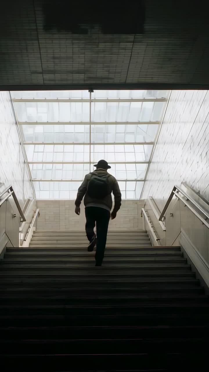 Video verticale: uomo con cappello e felpa con cappuccio e zaino che sale le scale attratto da un lucernario luminoso