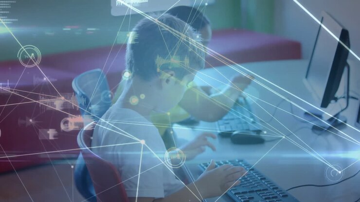 Animation of connected dots and bar graphs over caucasian boy using computer in school