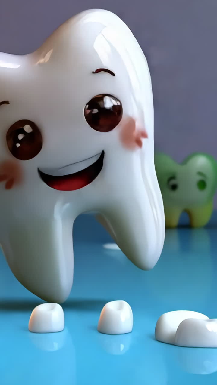 A cartoon tooth is smiling and has a bandage on it. The tooth is surrounded by other teeth, some of which are missing. Concept of dental health and the importance of taking care of one's teeth