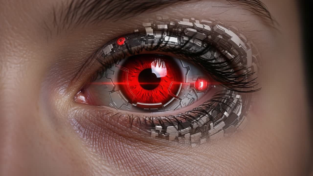 A Close-Up of a Futuristic Cyborg Eye with a Striking Red Iris and Intricate Mechanical Details, Emphasizing the Fusion of Human Emotion and Advanced Technology
