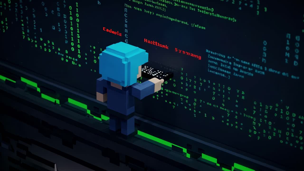 Character navigates virtual world while hacking into systems in pixel art environment set against flowing green code