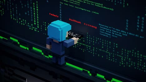 character navigates virtual world while hacking into systems in pixel art environment set against flowing green code