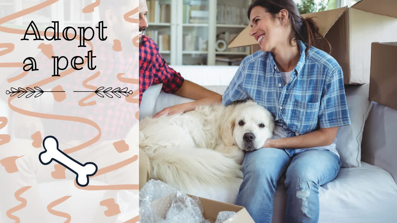 백인 커플이 웃고 애완견을 애완하는 애완동물 텍스트를 입양하는 애니메이션