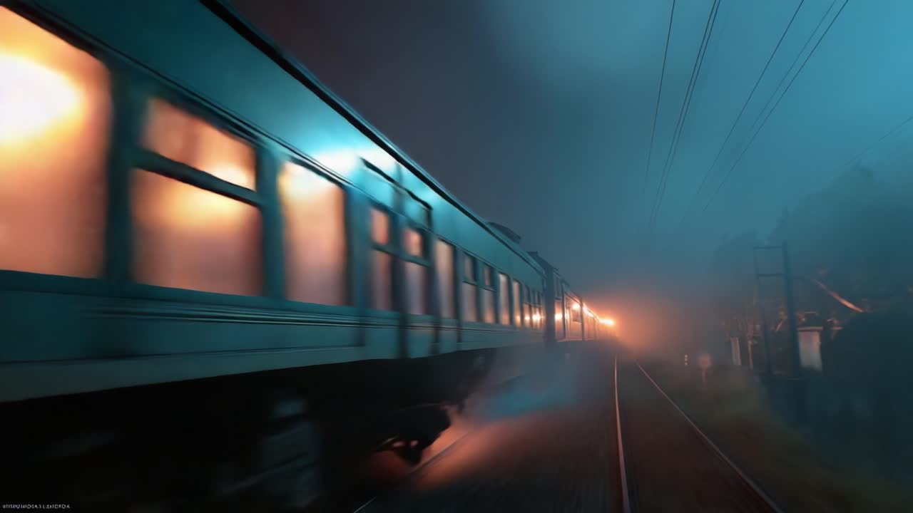 A Mysterious Journey: An Enigmatic Train Glides Through Fog and Shadows, Illuminated by the Soft Glow of Lights, Evoking a Sense of Adventure and Wonder on the Tracks