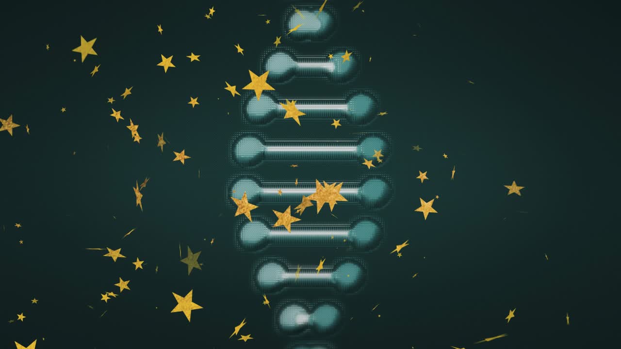 On start helix rotating, tilting and splitting while golden stars drifting, showing ladder form