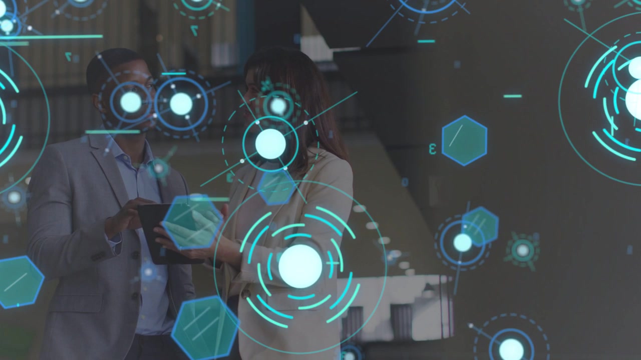Man holding tablet, woman leaning in office, tapping tablet, HUD showing business data over faces