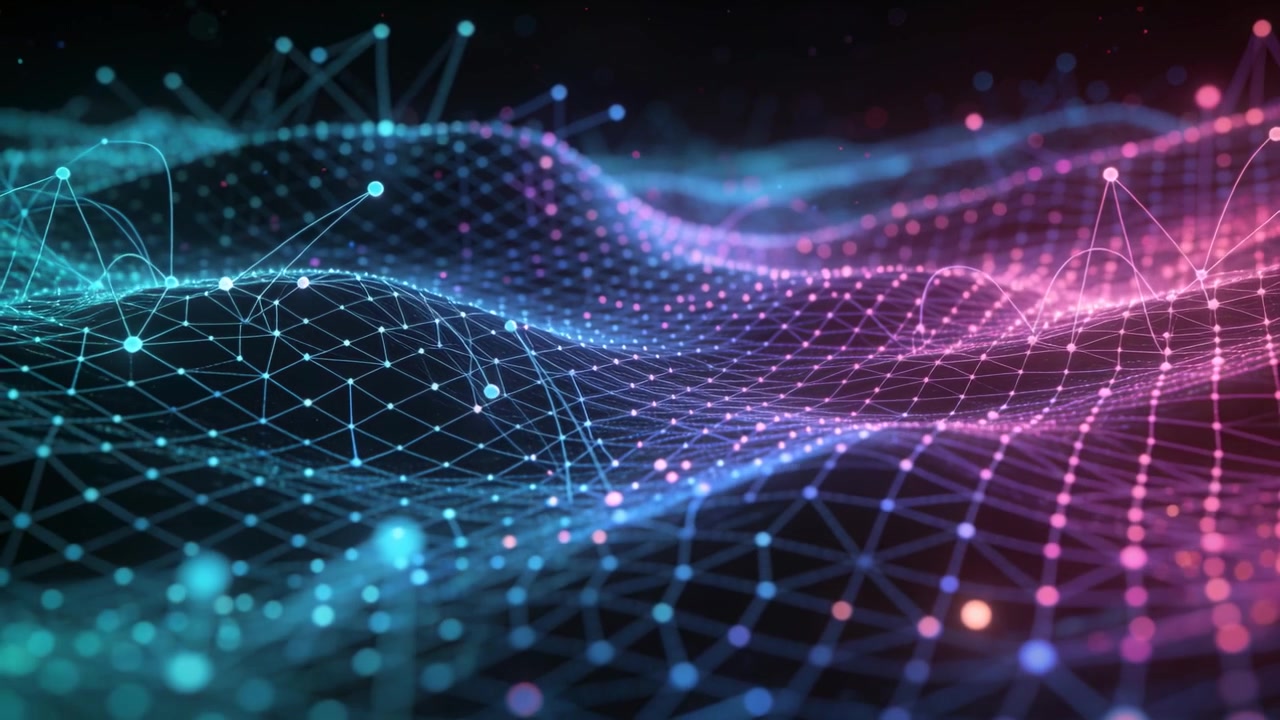Sequence starting, undulating wireframe mesh pulsing nodes across dark backdrop, creating loop