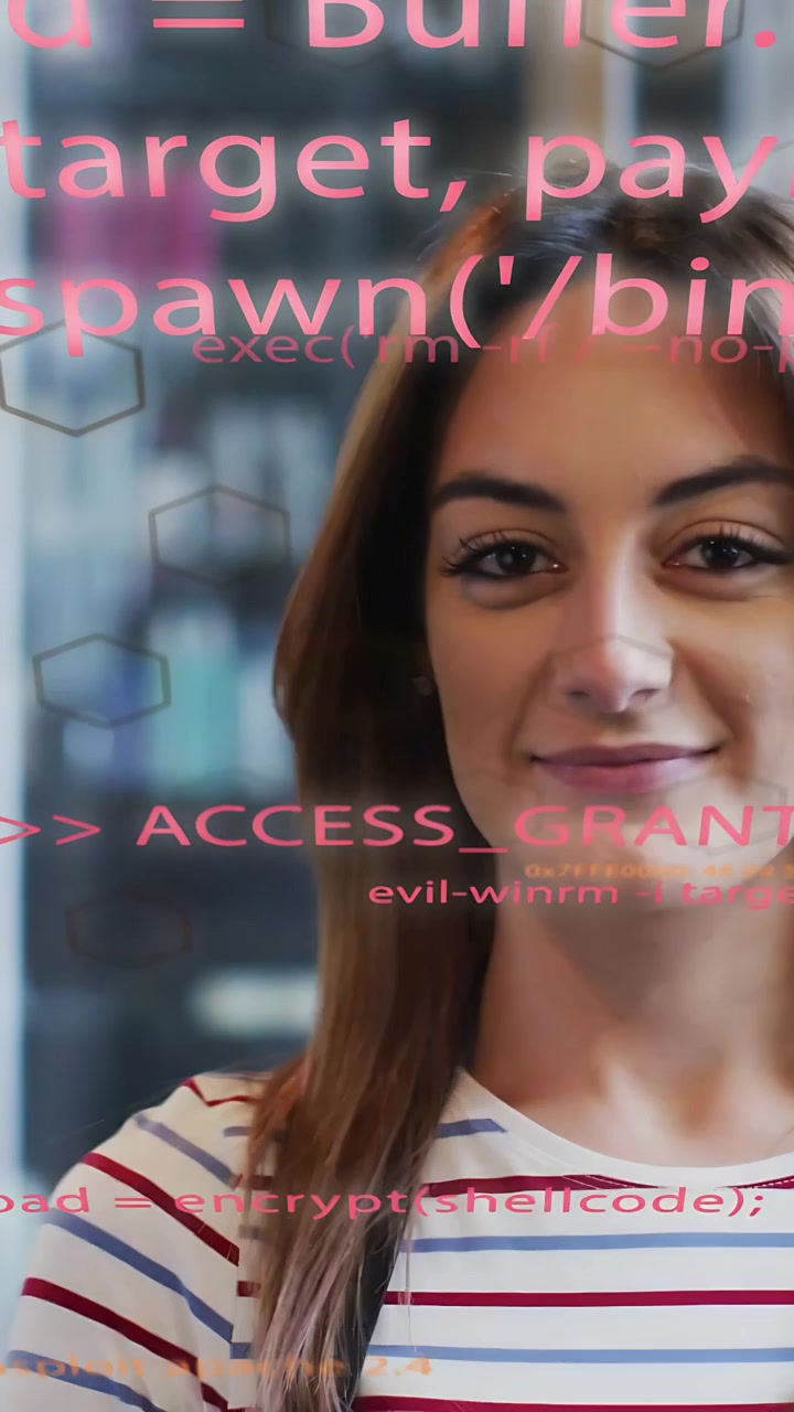 Vertical video: Woman facing camera in office, zooming causing pink code overlay over face for tech