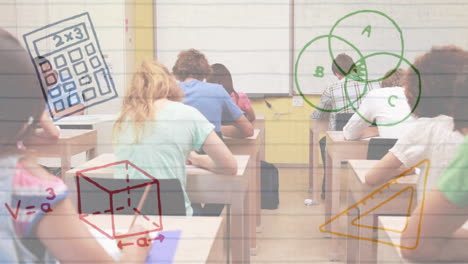 multiple mathematical concept icons against group of college students studying in class at college