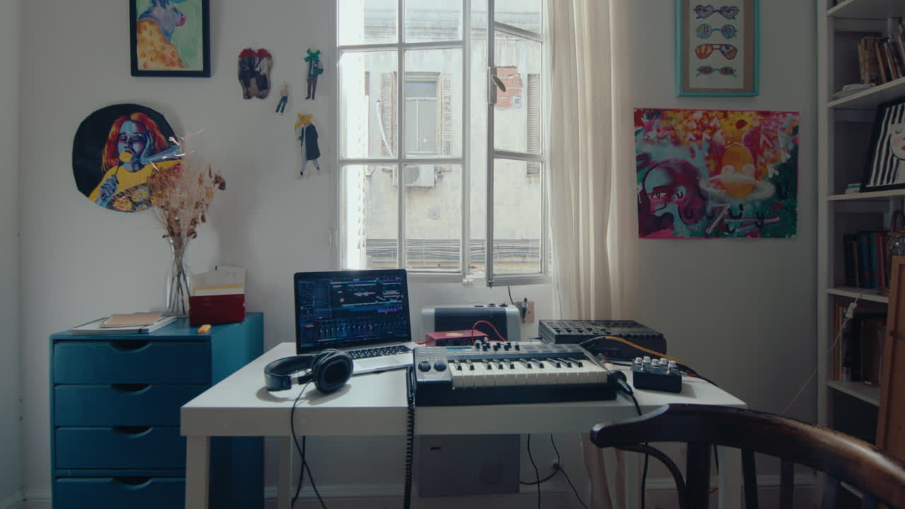 Interior of Cozy Living Room of Musician with Audio Recording Equipment